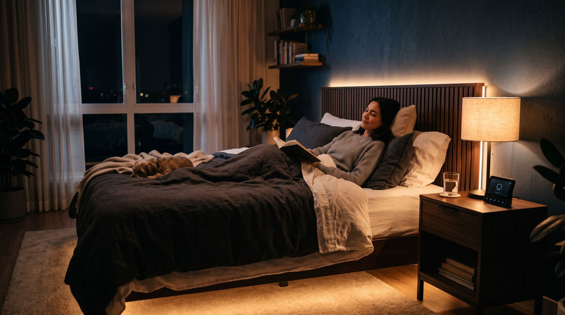 Chambre éclairée par des luminaires intelligents à lumière chaude et indirecte, avec une personne détendue dans son lit sous un éclairage circadien apaisant.