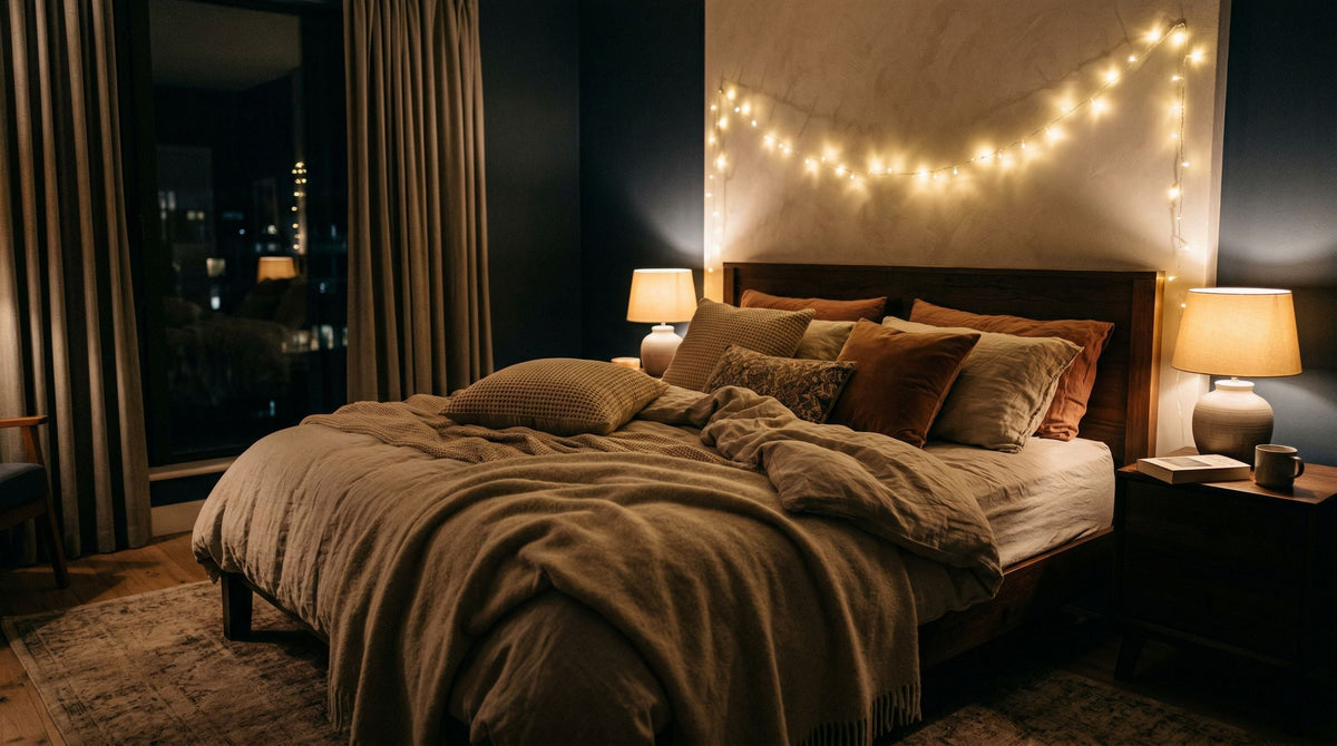 Warm bedroom with a textured duvet cover, warm white lamps, and a light string creating a cozy ambiance.