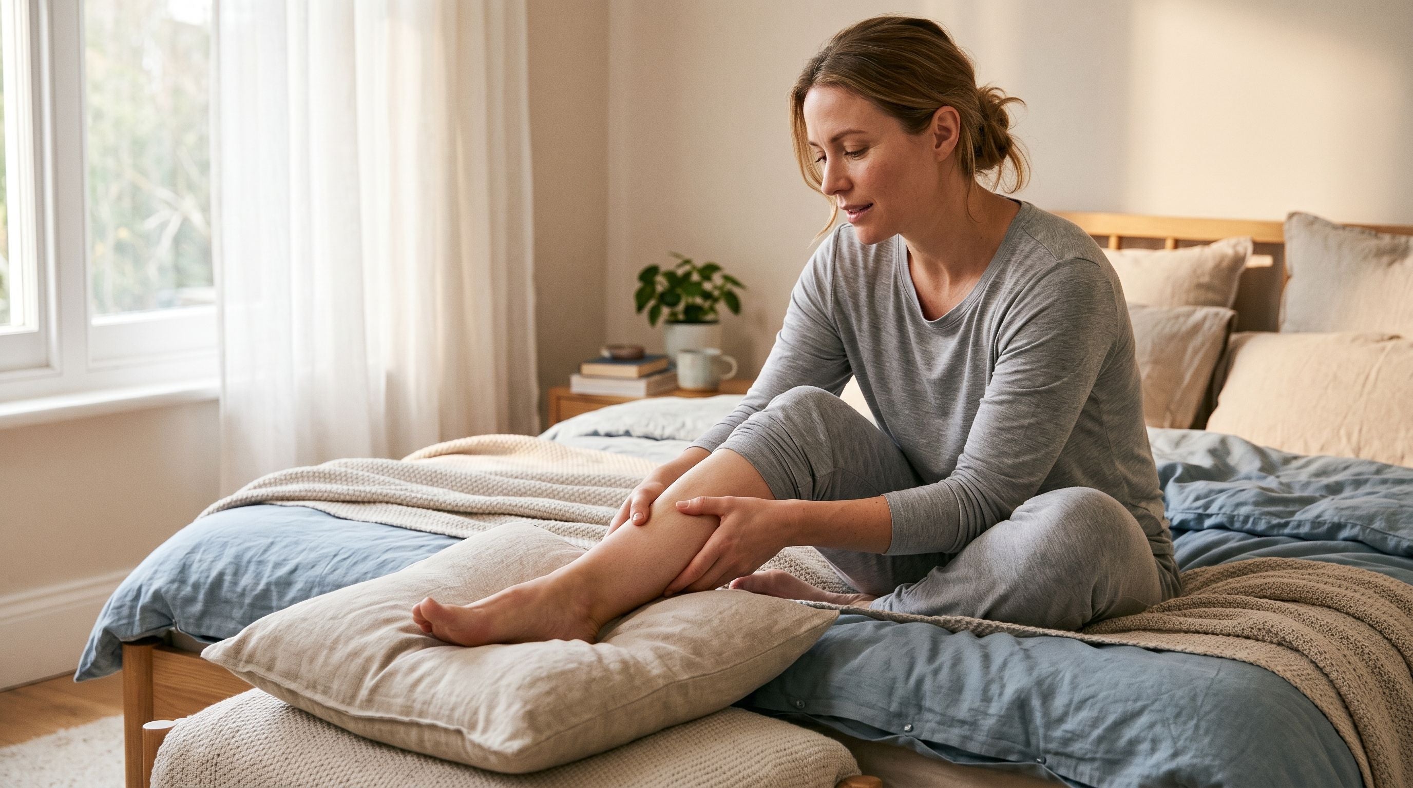 Femme assise sur un lit massant une jambe lourde avec l’autre jambe légèrement surélevée sur un coussin pour favoriser la circulation sanguine.