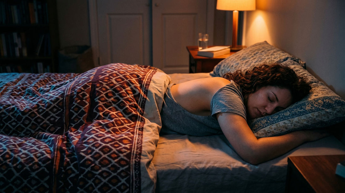 Personne dormant la nuit sous une housse de couette en polyester, une partie du corps découverte, dans une chambre aux lumières bleutées et orangées évoquant le contraste entre froid et chaud.