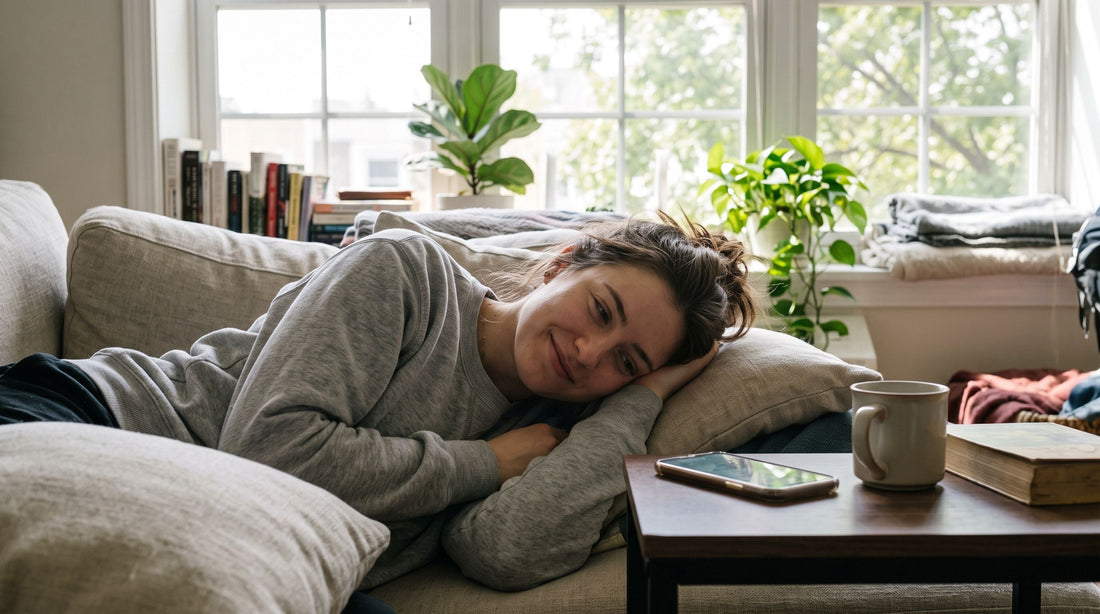 Jeune adulte se réveillant d’une sieste courte sur un canapé près d’une fenêtre en pleine journée, air reposé et alerte, téléphone posé à côté en guise de minuteur.