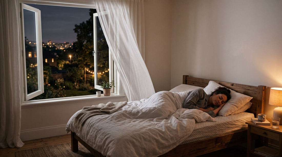 Chambre à coucher d’été avec une grande fenêtre ouverte, rideaux légers flottant dans la brise et une personne dormant profondément sous une couverture légère.