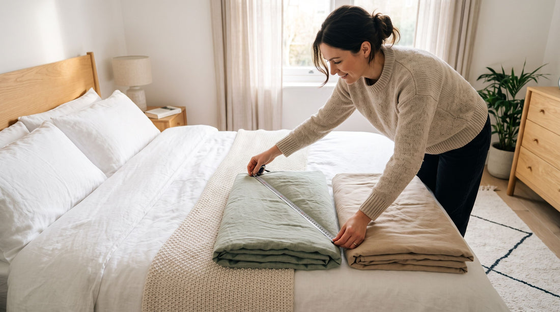 Personne adulte comparant deux housses de couette pliées sur un lit double avec un mètre ruban pour vérifier la taille avant de faire un cadeau.