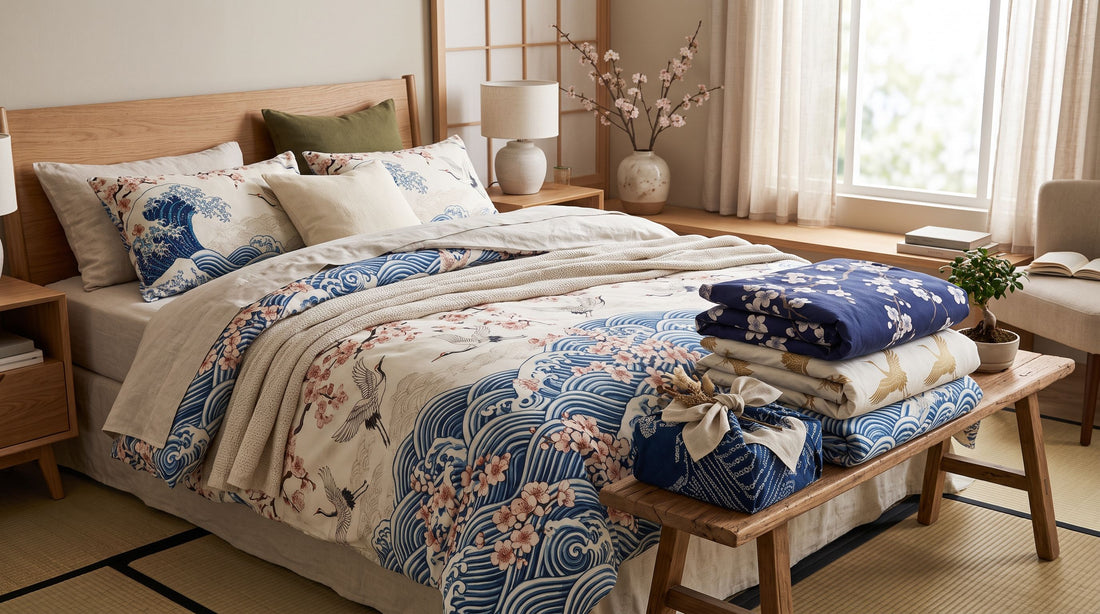 Chambre d’adulte moderne avec un lit habillé d’une housse de couette motif japonais, et plusieurs parures japonisantes pliées à ses pieds comme idées de cadeaux.
