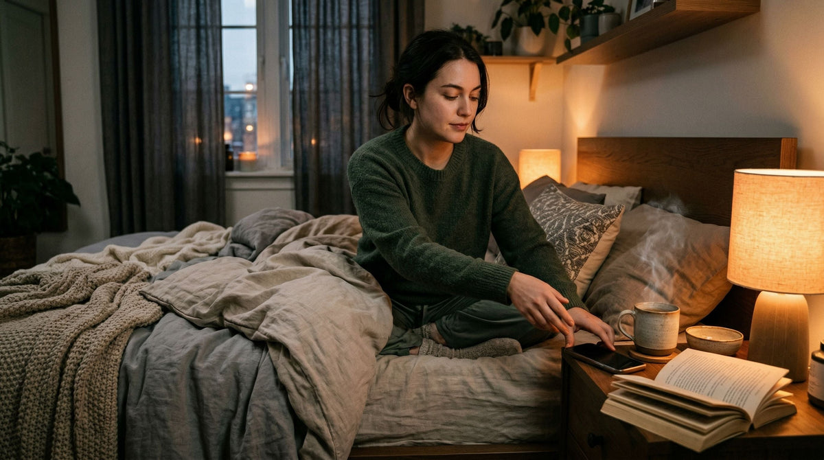 Persoon in een gezellige slaapkamer in de avond, legt de smartphone neer naast een dampend kopje thee en een papieren boek om voor te bereiden op een slaappij zonder slapeloosheid.