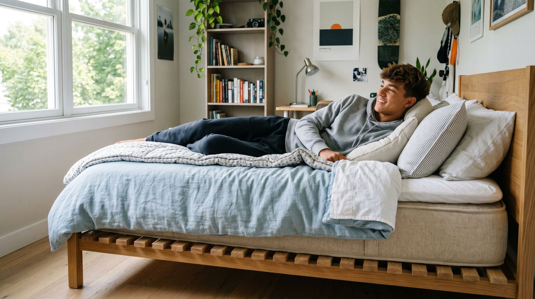 Chambre d’ado moderne avec un adolescent allongé sur un lit au matelas épais posé sur un sommier à lattes, baignée de lumière naturelle pour évoquer un bon soutien et une bonne ventilation.