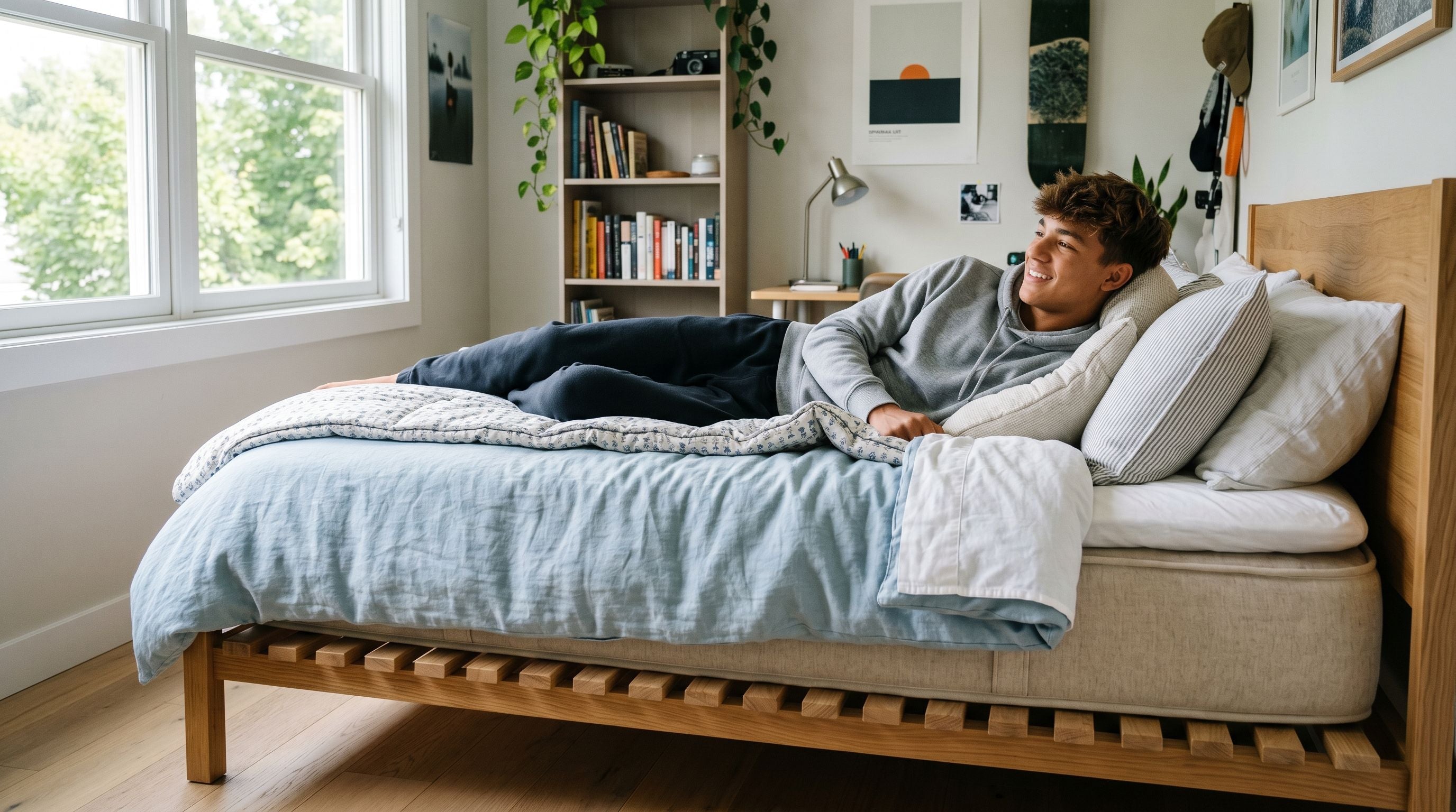 Chambre d’ado moderne avec un adolescent allongé sur un lit au matelas épais posé sur un sommier à lattes, baignée de lumière naturelle pour évoquer un bon soutien et une bonne ventilation.