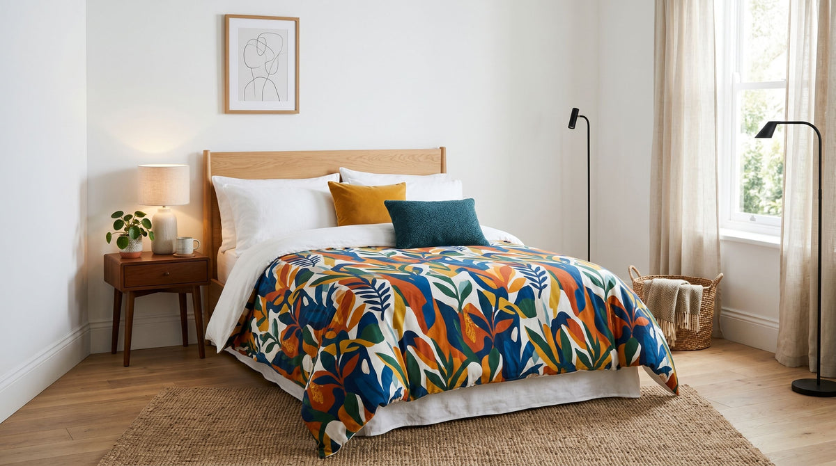 Large contemporary room with white walls and a colorful printed duvet cover as the focal point, a few accent cushions and warm lighting create a cozy ambiance.