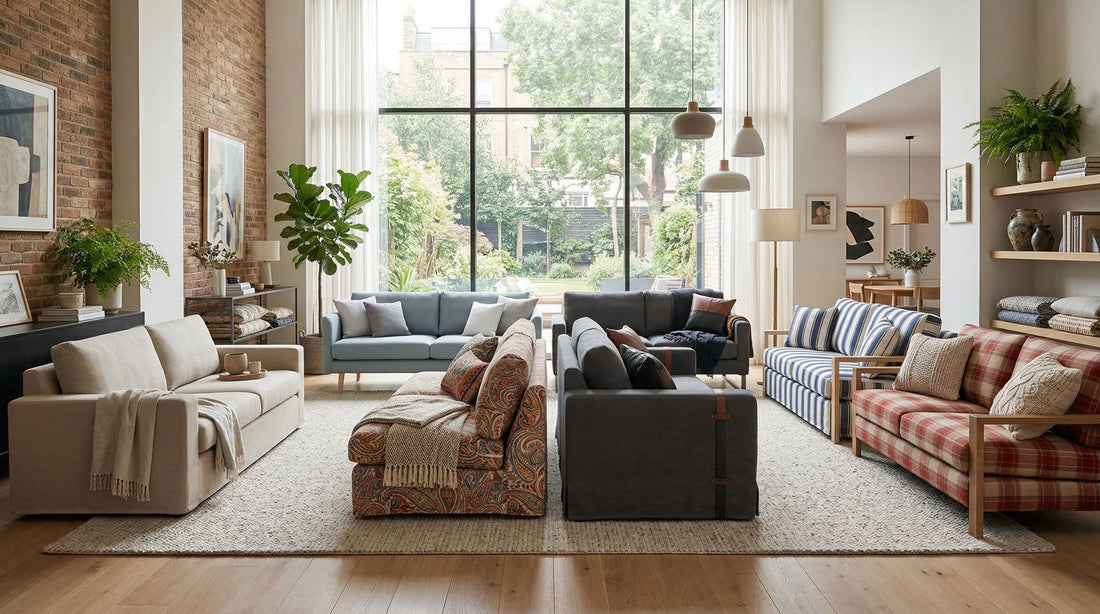 Salon contemporain avec plusieurs canapés habillés de différentes housses thématiques en polyester dans des styles déco variés.