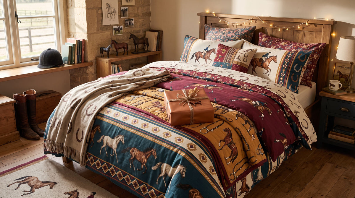 Chambre chaleureuse de cavalière avec lit couvert de plusieurs housses de couette motif cheval, ambiance cadeau et déco équestre.