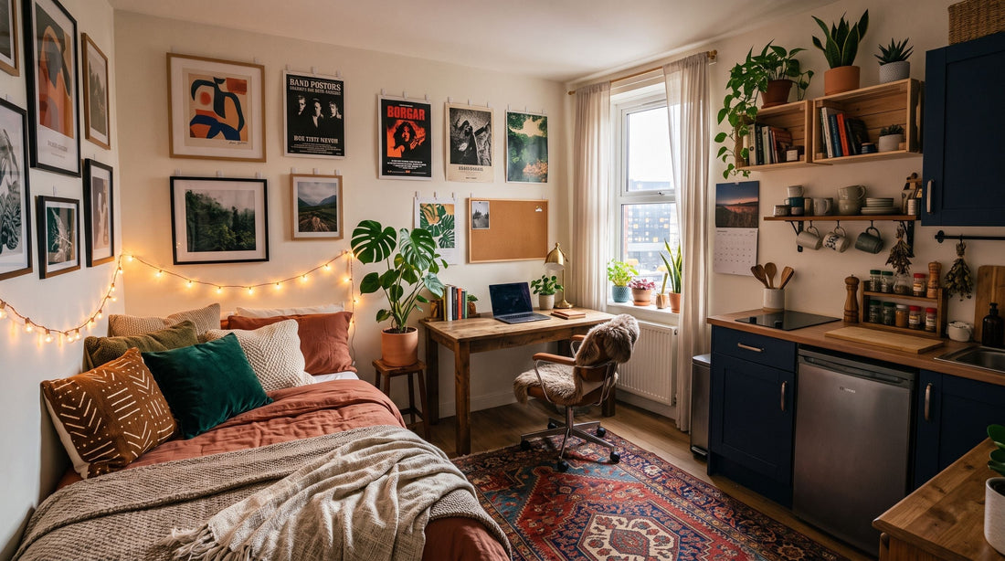 Petit studio d’étudiant aménagé avec tapis, guirlandes lumineuses, cadres accrochés sans percer et plantes vertes, créant un cocon chaleureux sans abîmer le logement.