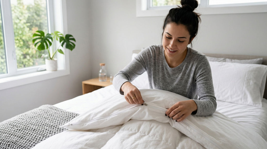 Personne installant une housse de couette anti-acariens blanche sur une couette dans une chambre lumineuse pour limiter les allergies nocturnes.