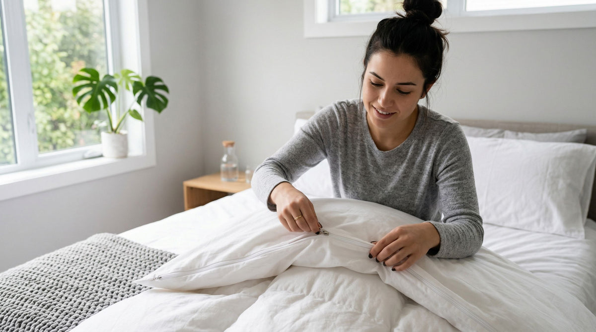 Persoon die een wit anti-allergeen dekbedovertrek installeert op een dekbed in een lichte slaapkamer om nachtelijke allergieën te beperken.
