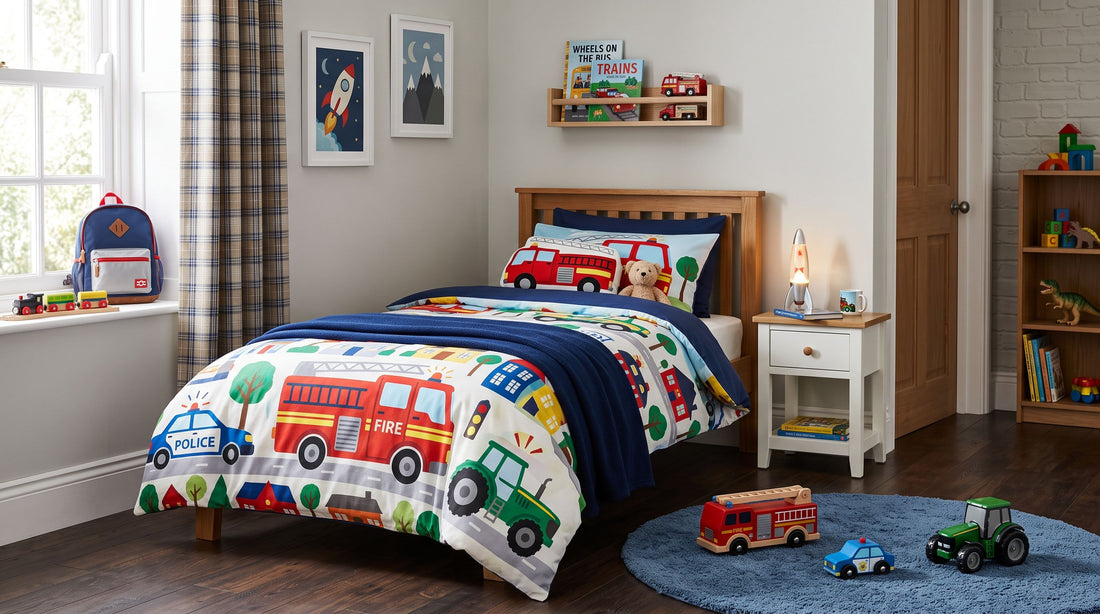 Chambre d’enfant avec lit une personne et housse de couette colorée décorée de camion de pompier, voiture de police et tracteur vert, dans une ambiance chaleureuse.