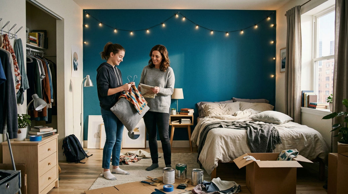 Parent and teen redesigning a small modern bedroom together with new textiles, light garlands and a colored accent wall, in a cozy and low budget style.