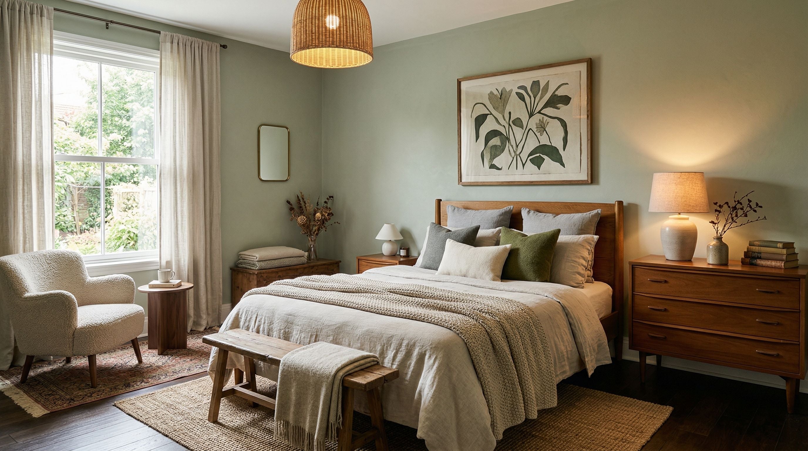 Chambre à coucher thématique élégante avec palette de trois couleurs, textiles superposés et éclairage chaud pour un rendu minimaliste et chaleureux.