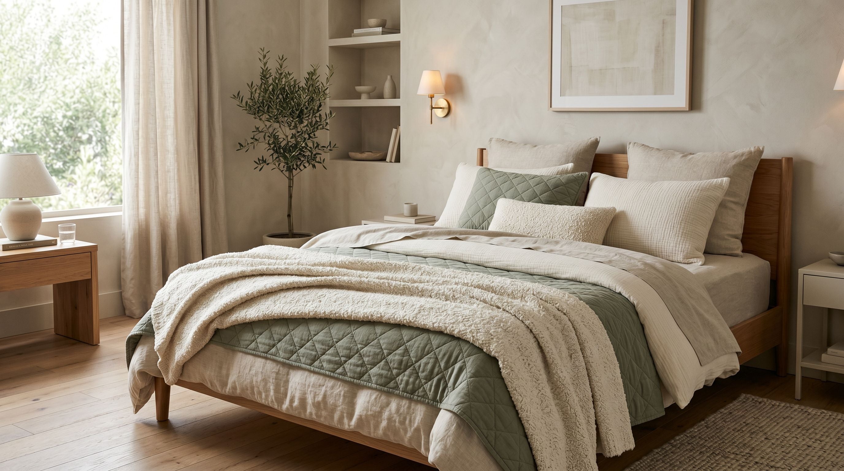 Lit contemporain transformé en sanctuaire avec superposition de draps en lin lavé, housse en gaze de coton, couvre-lit matelassé et plaid en maille bouclée dans une chambre lumineuse et épurée.