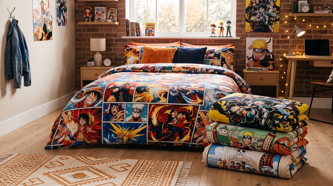 Chambre moderne avec lit double habillé d’une housse de couette manga colorée et plusieurs autres housses anime pliées au pied du lit, ambiance cosy pour idée cadeau fan de manga.