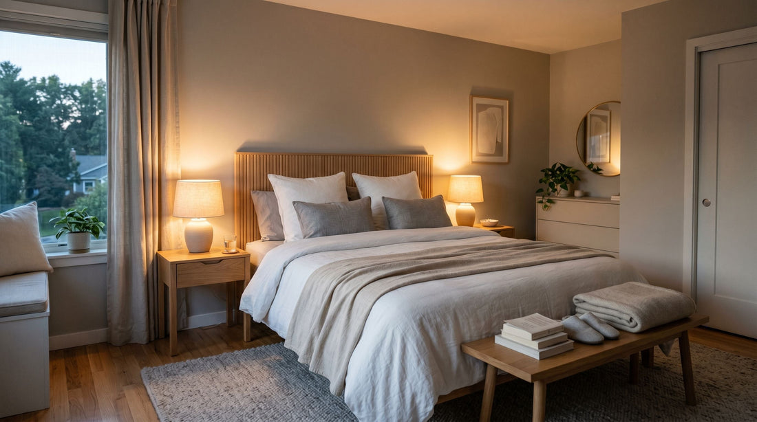 Chambre adulte moderne soigneusement rangée avec lit fraîchement fait et tables de chevet dégagées, baignée d’une lumière chaleureuse propice au sommeil réparateur.