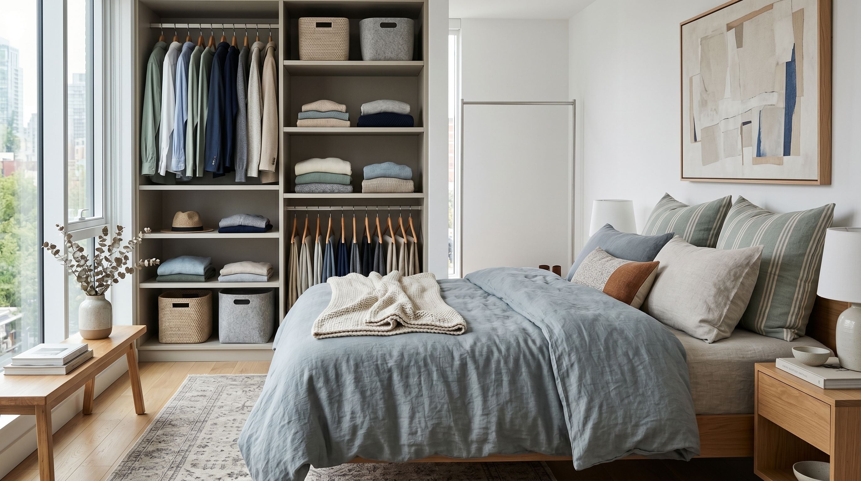 Chambre contemporaine apaisante où le dressing ouvert reprend les mêmes couleurs et matières que le linge de lit.