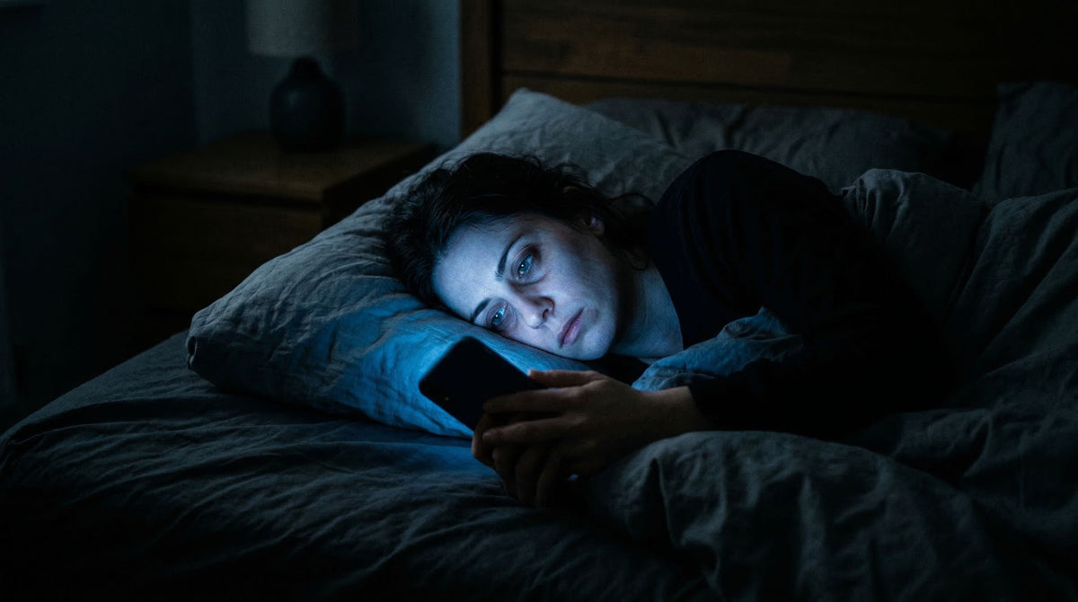 Persoon liggend in een donkere slaapkamer met een gezicht verlicht door het blauwe licht van een smartphone, wat de inslaap verstoort.