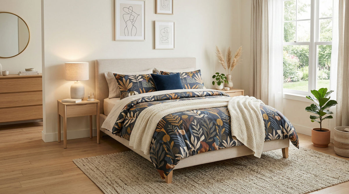 Modern bedroom with a colorful thematic duvet cover featured on a bed, surrounded by walls and furniture in neutral tones for balanced visual harmony.