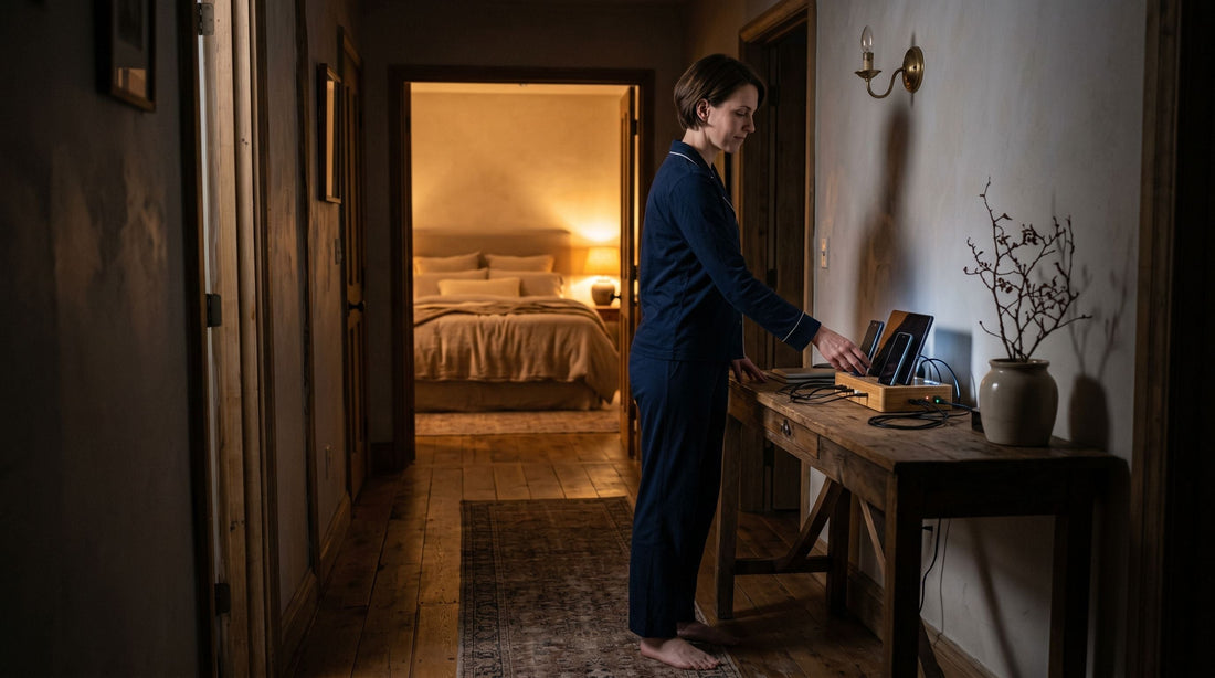 Adulte posant son smartphone sur une station de recharge dans le couloir, avec une chambre chaleureusement éclairée en arrière-plan, pour symboliser une heure sans écran avant le coucher.