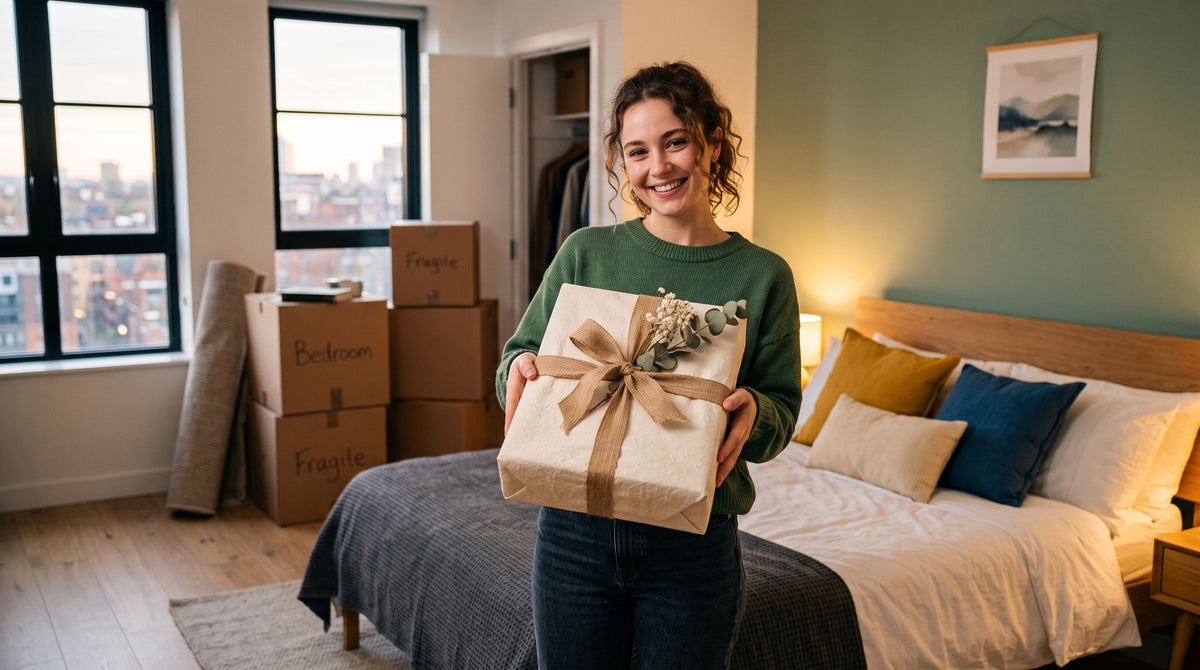 Invité offrant une parure de lit emballée en cadeau dans une chambre fraîchement installée lors d’une crémaillère.