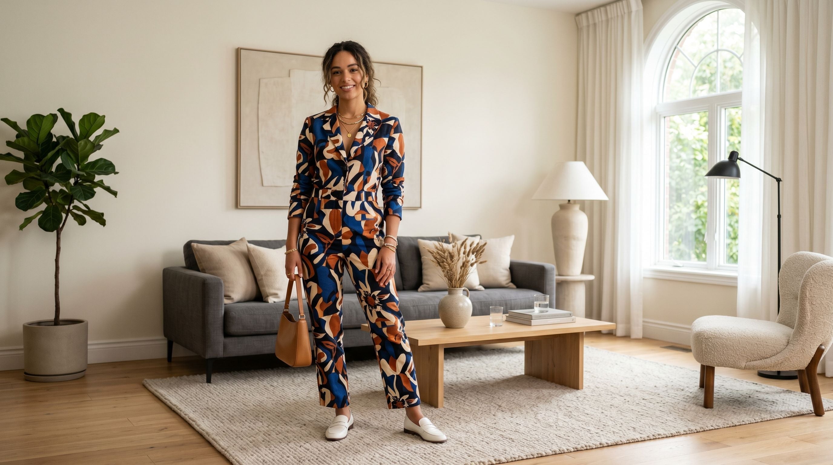 Femme portant une tenue à motif fort dans un salon contemporain aux tons neutres, illustrant l’équilibre entre imprimés audacieux et décor épuré.