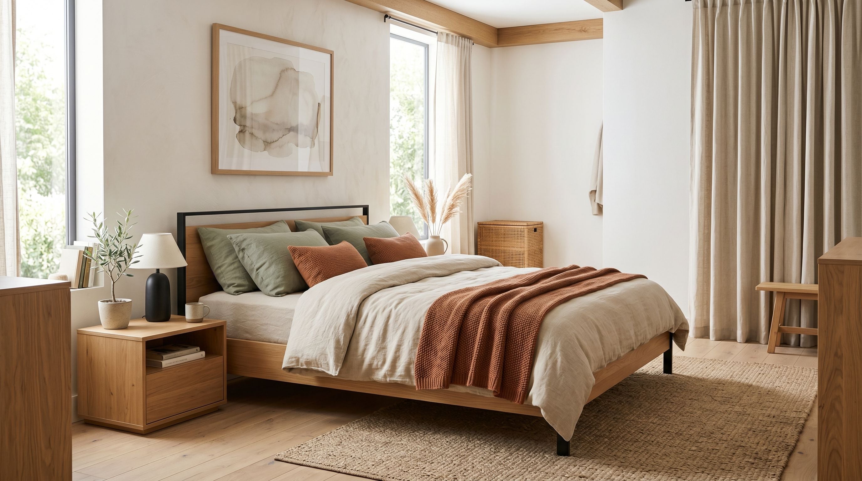 Grande chambre contemporaine avec housse de couette beige, coussins vert sauge, plaid terracotta et détails noir mat dans un décor Japandi lumineux.