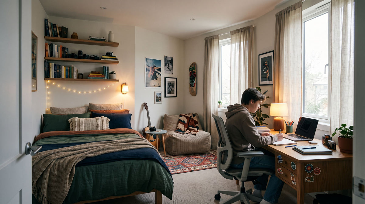 Chambre d’adolescent aménagée avec un lit confortable, un bureau ergonomique et un coin détente pour mieux dormir et travailler.