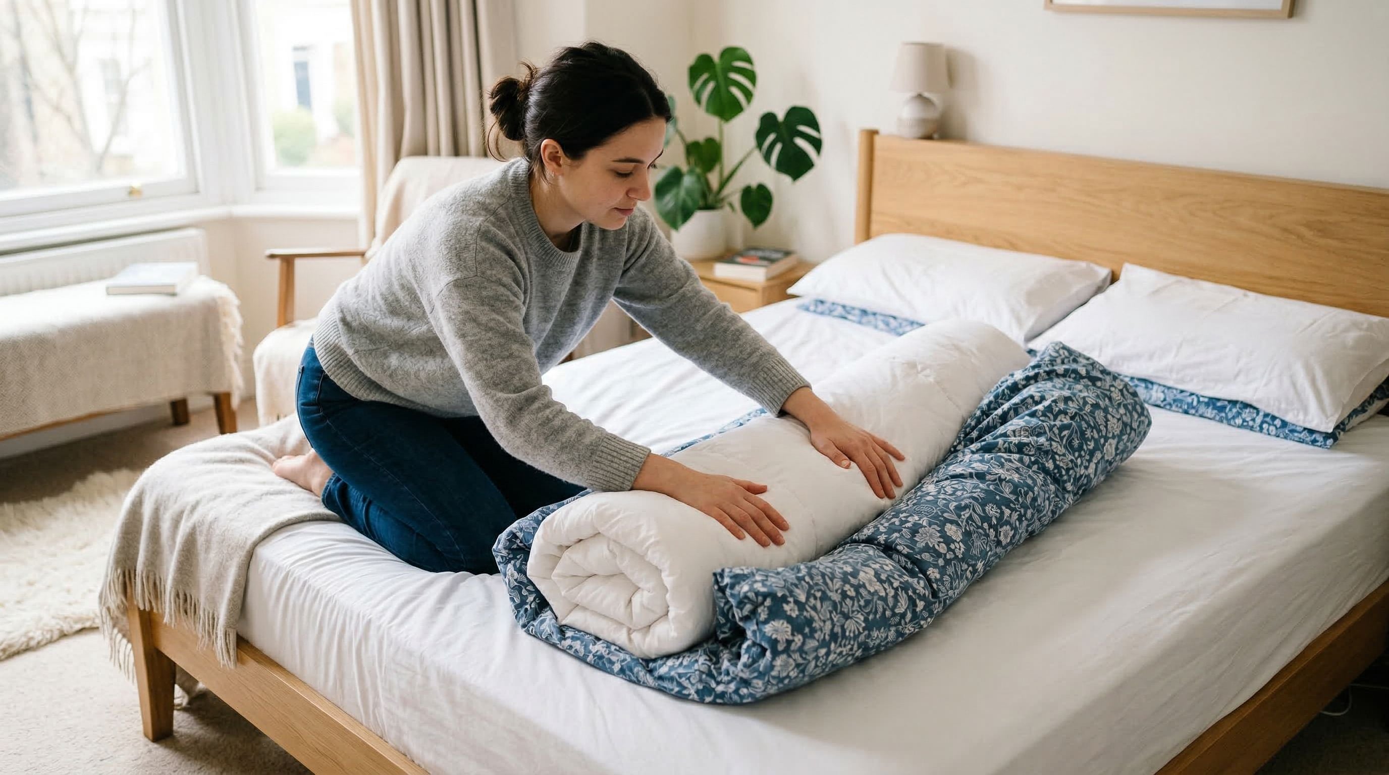 Personne débutante changeant une housse de couette avec la méthode du burrito dans une chambre lumineuse.