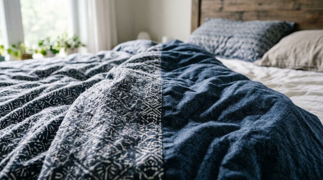 Gros plan sur une housse de couette imprimée dont un côté est couvert de bouloches et l’autre reste lisse sur un lit dans une chambre lumineuse.