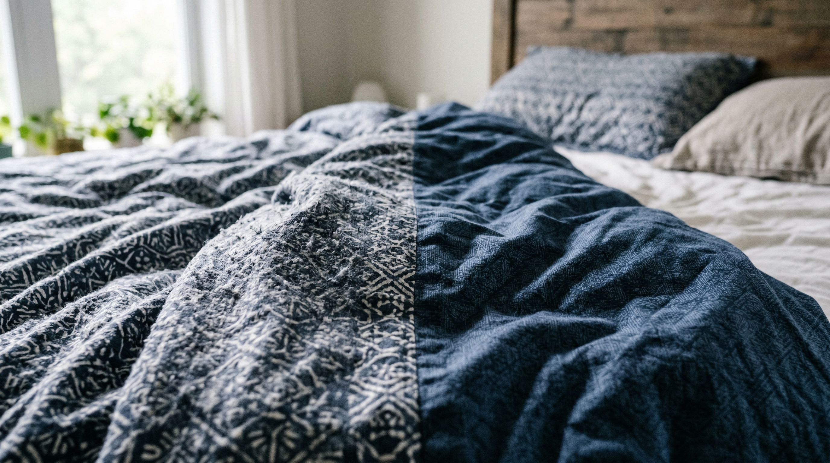 Gros plan sur une housse de couette imprimée dont un côté est couvert de bouloches et l’autre reste lisse sur un lit dans une chambre lumineuse.