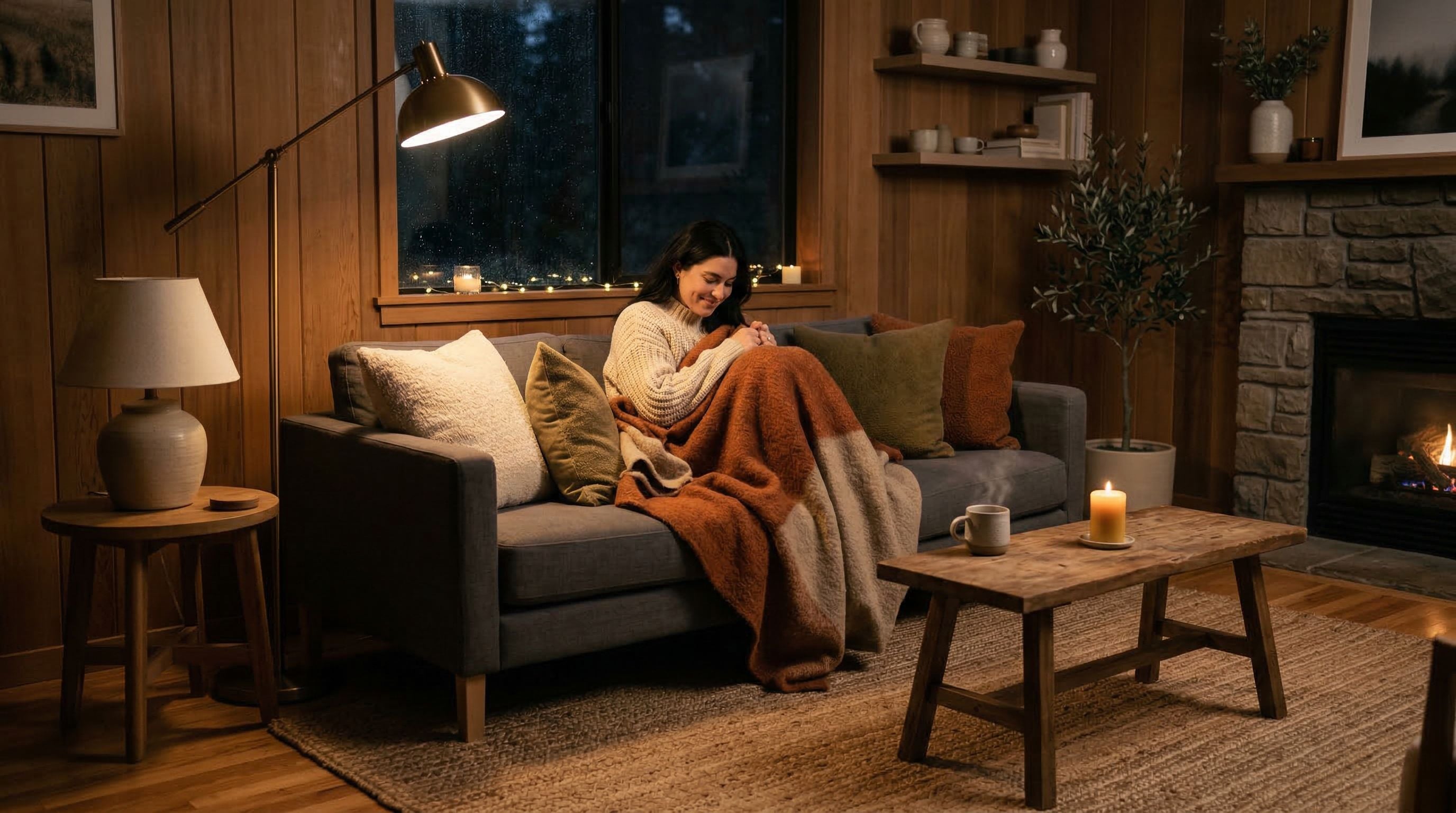 Salon warm minimalism avec éclairage doux, matières texturées et tons terreux créant une ambiance cocooning en soirée.