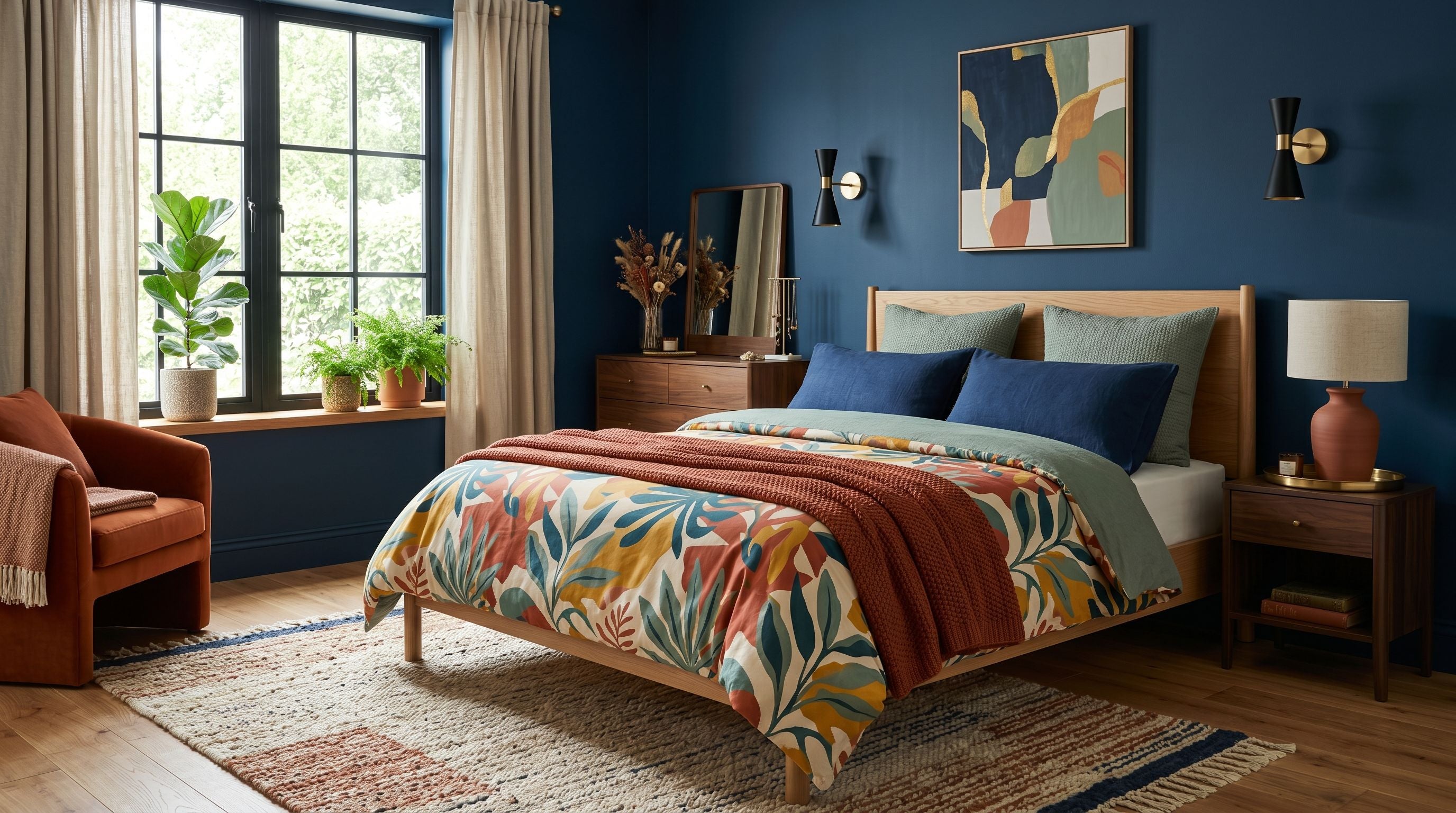 Chambre moderne aux murs colorés avec une housse de couette design mise en valeur comme point focal de la décoration.
