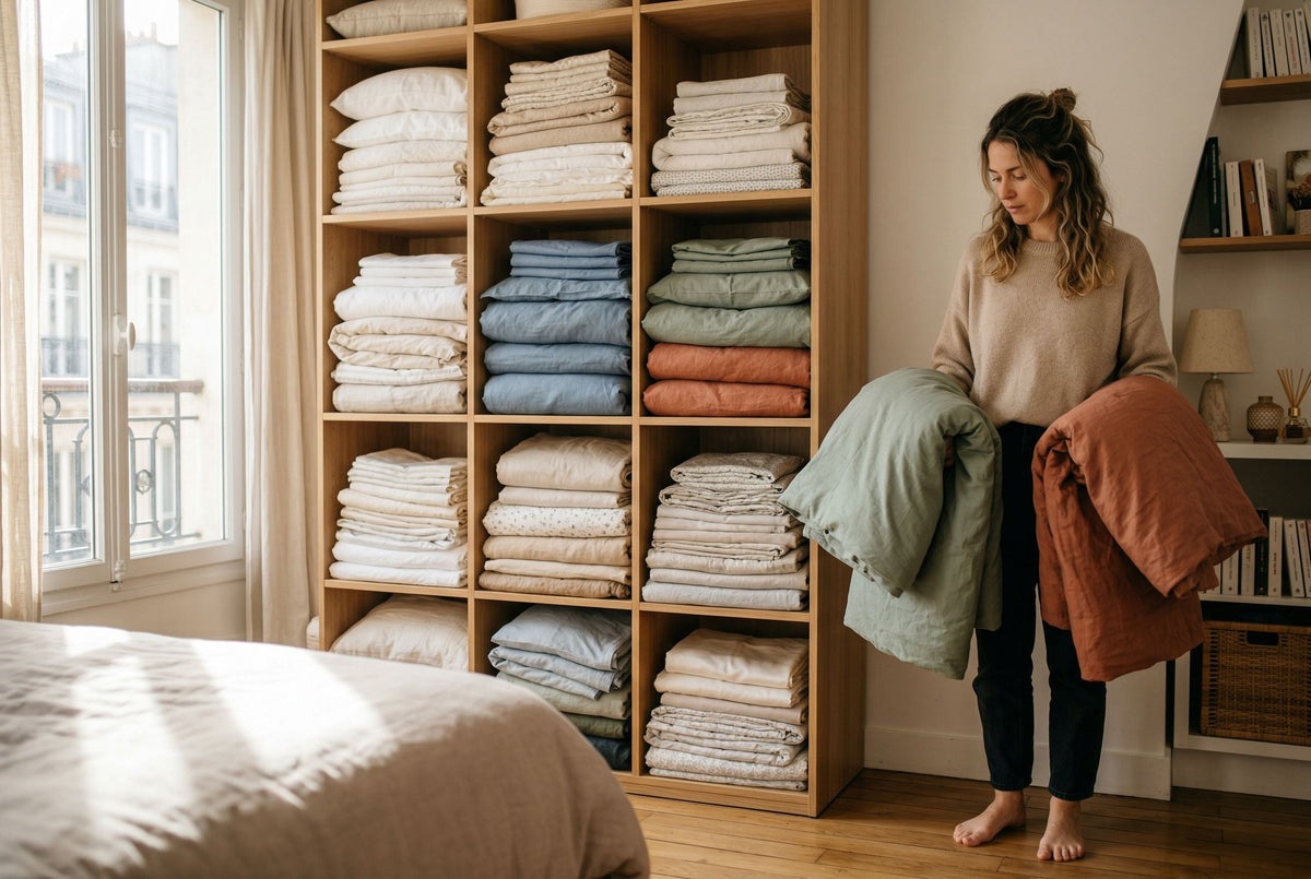 Een vrouw in een moderne kamer in Frankrijk aarzelend tussen verschillende beddensets voor een open kast, illustrerend het budget en het aantal benodigde sets in 2026.