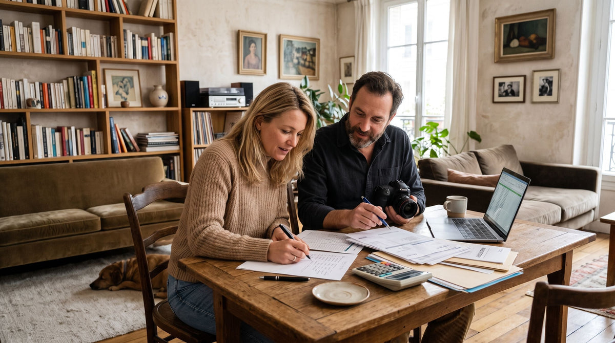 Couple dans un salon contemporain en train d’évaluer leur mobilier et leurs objets de valeur sur un ordinateur pour un devis d’assurance habitation, avec factures et documents étalés sur la table.
