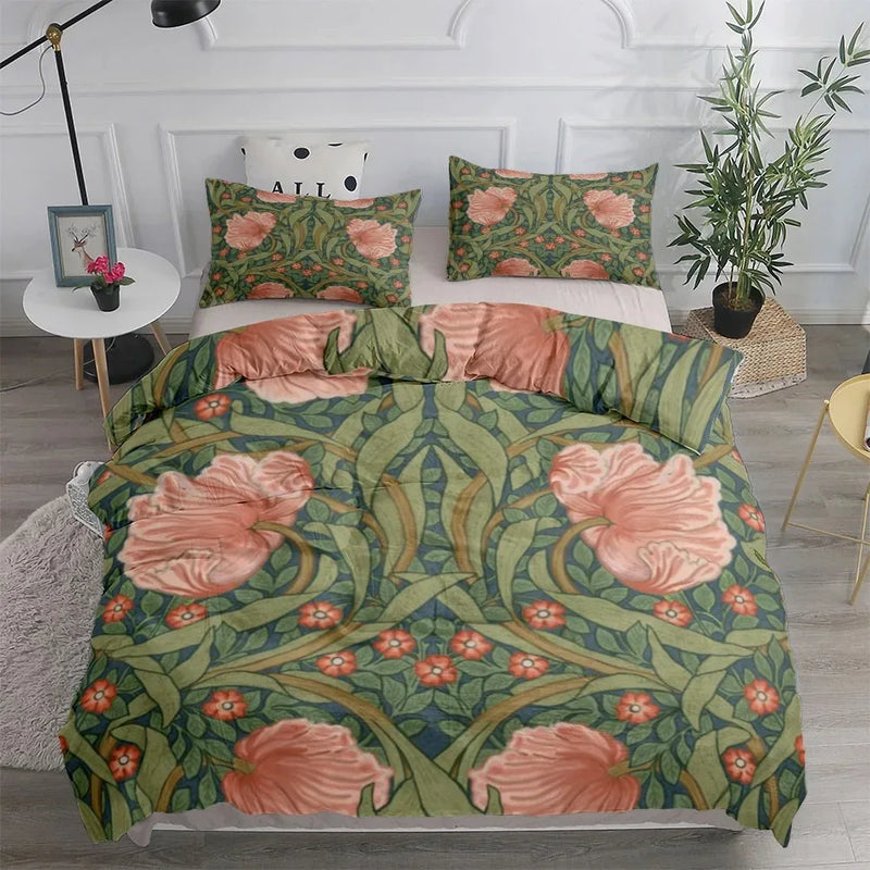Housse de couette fleurs : pivoines roses sur feuillage vert