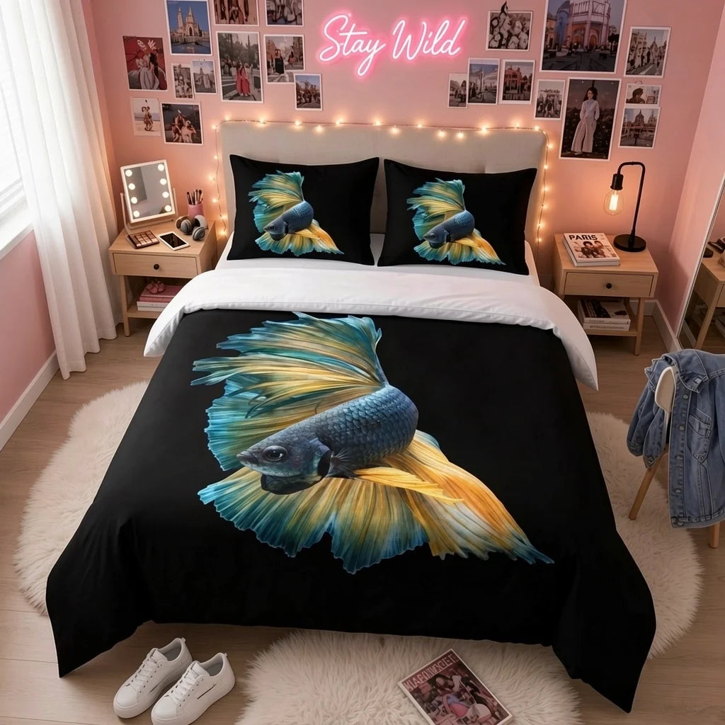 Housse de couette poisson, betta splendens bleu et jaune