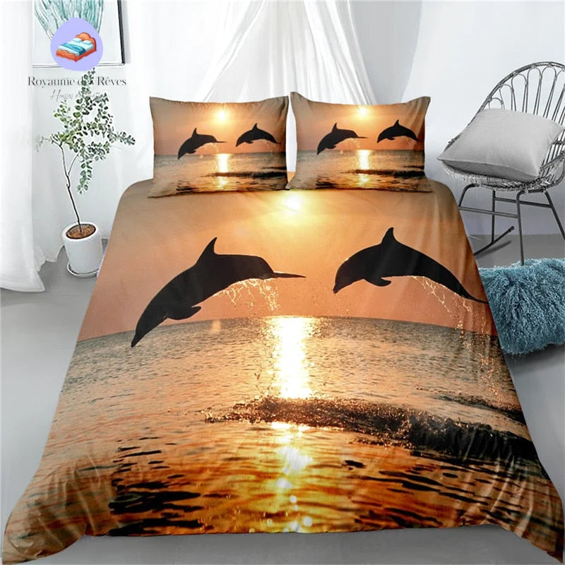 Housse De Couette 3 Pièces 220x240 Cm - Imprimé Dauphins Et Clair De Lune - Microfibre Brossée Violette - Taies 65x65 Cm Incluses - 7