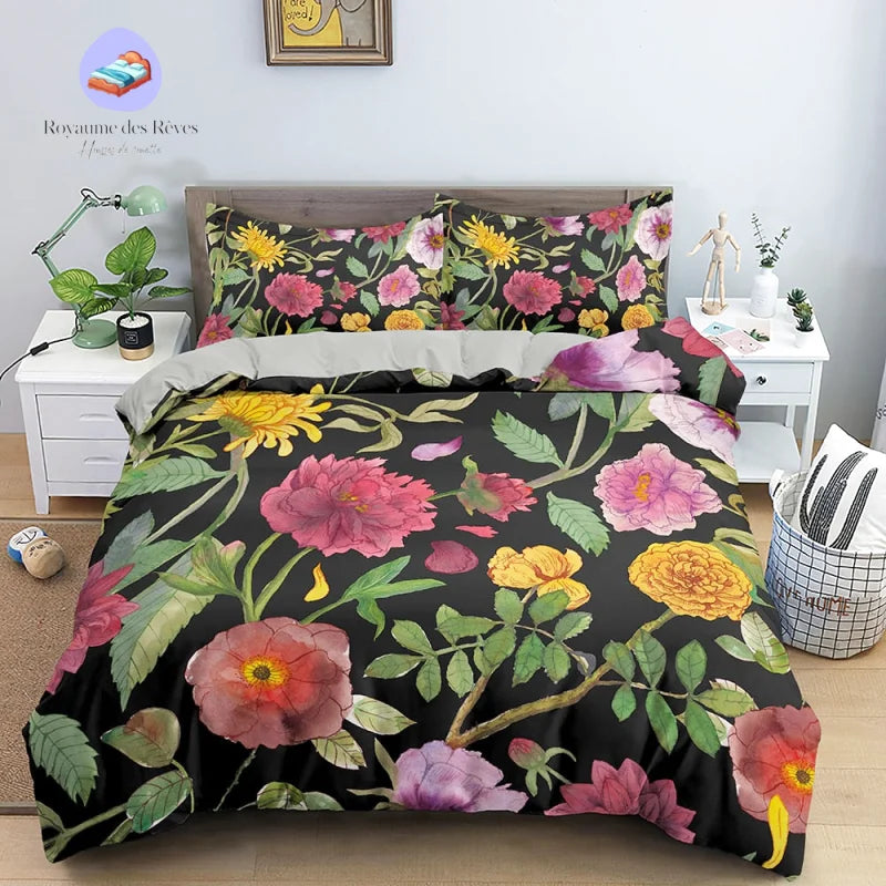 Housse de couette  Fleurie Noire