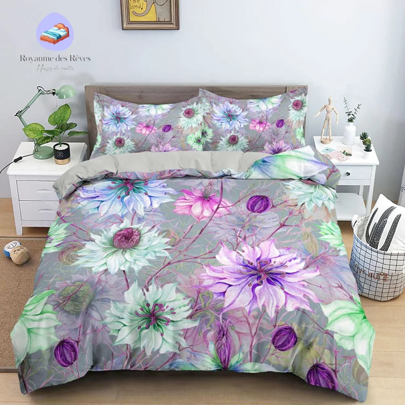 Duvet Cover Mauve and Green Flowers