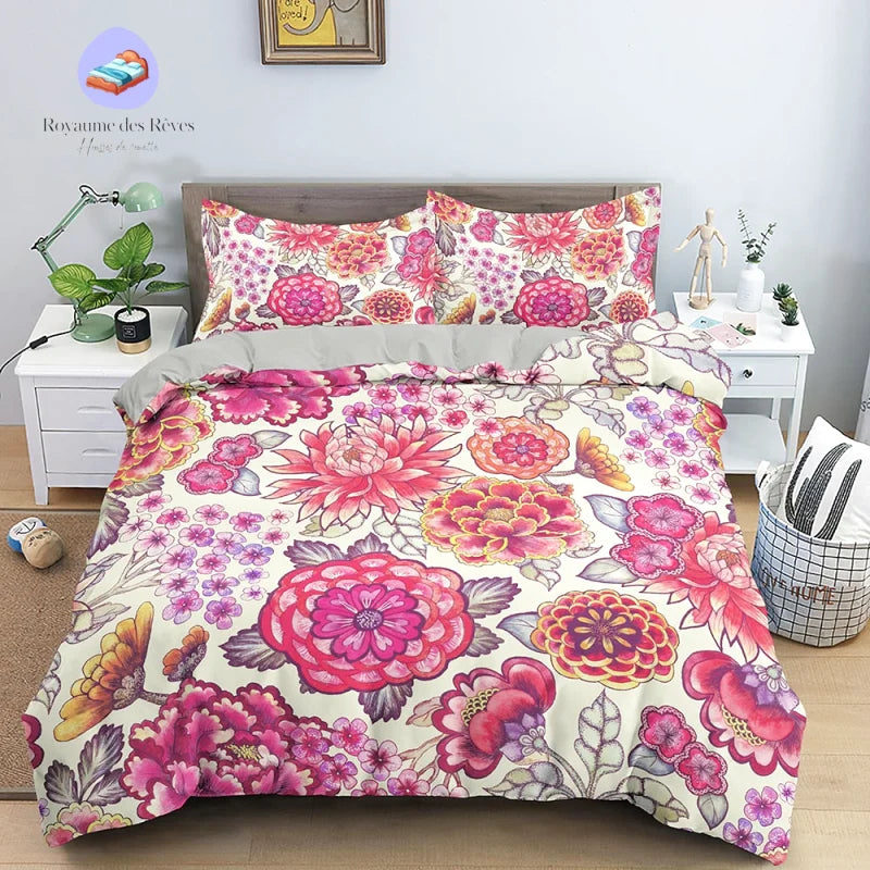 Housse de couette  Fleurs Rose et Blanche