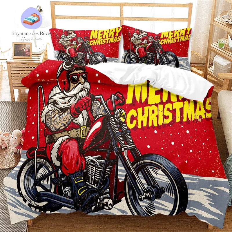 Housse de Couette Père Noel en Moto