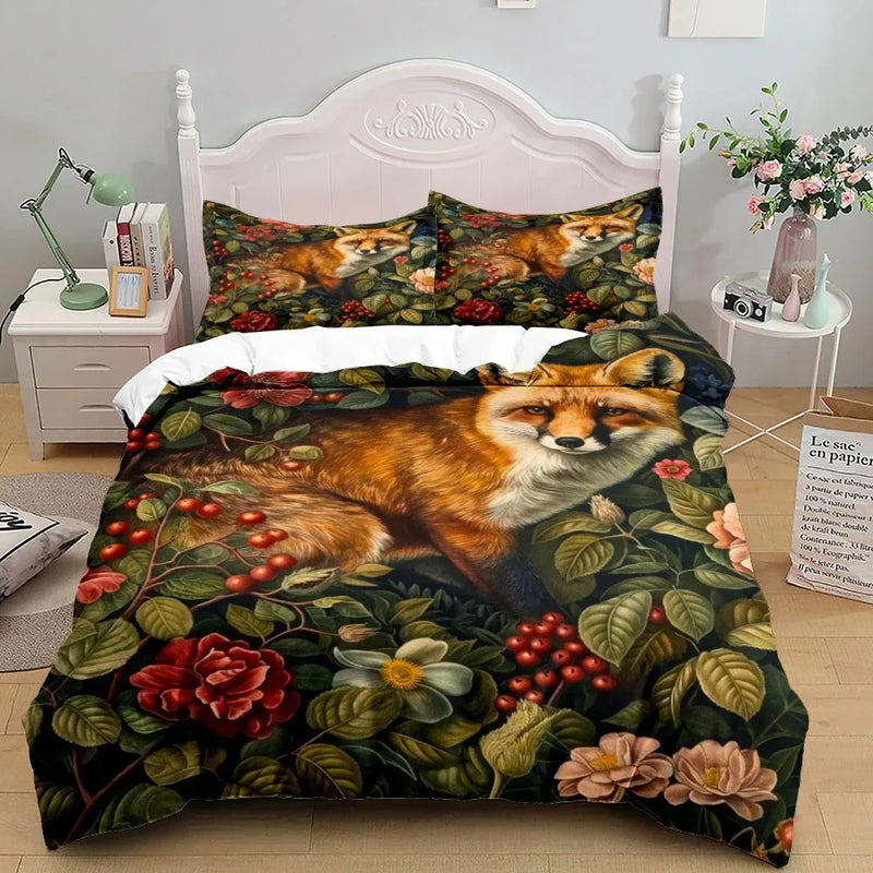 Housse de couette motif floral victorien renard roux parmi roses et baies