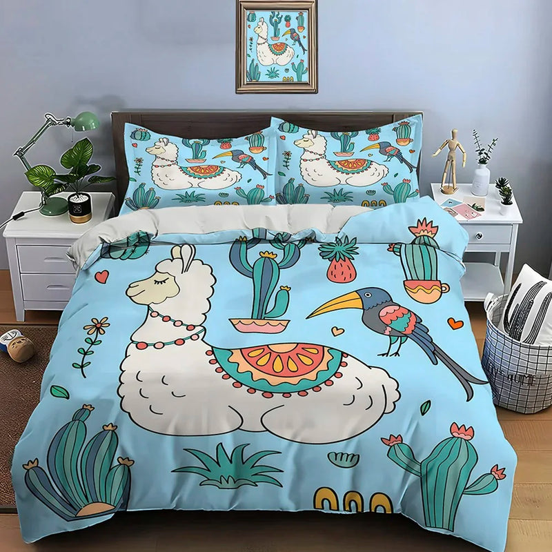 Housse de couette lama avec cactus et toucan sur fond bleu