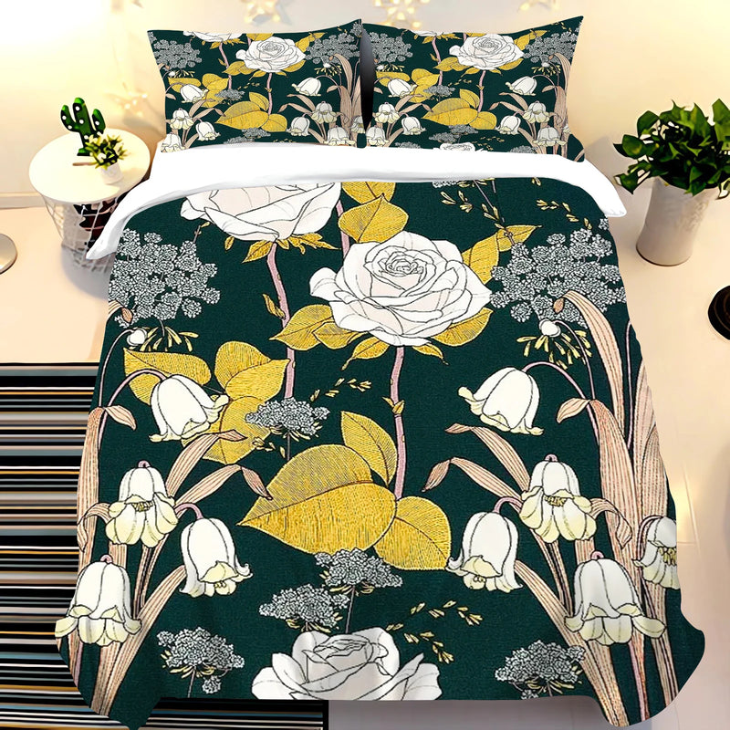 Housse de couette fleurs et roses blanches sur fond vert sapin