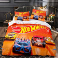 Housse de couette Hot Wheels, voitures orange et rouge avec logo sur fond orange