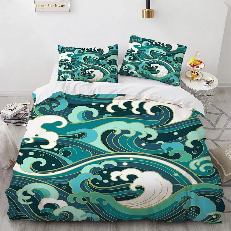 Parure de lit Vague de Kanagawa, vagues turquoise stylisées sur fond blanc